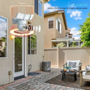 DC-powered courtyard floodlight security camera with integrated PIR motion sensor, color night vision, two-way audio and app push alerts — ideal for villa entrances and perimeter illumination+surveillance.